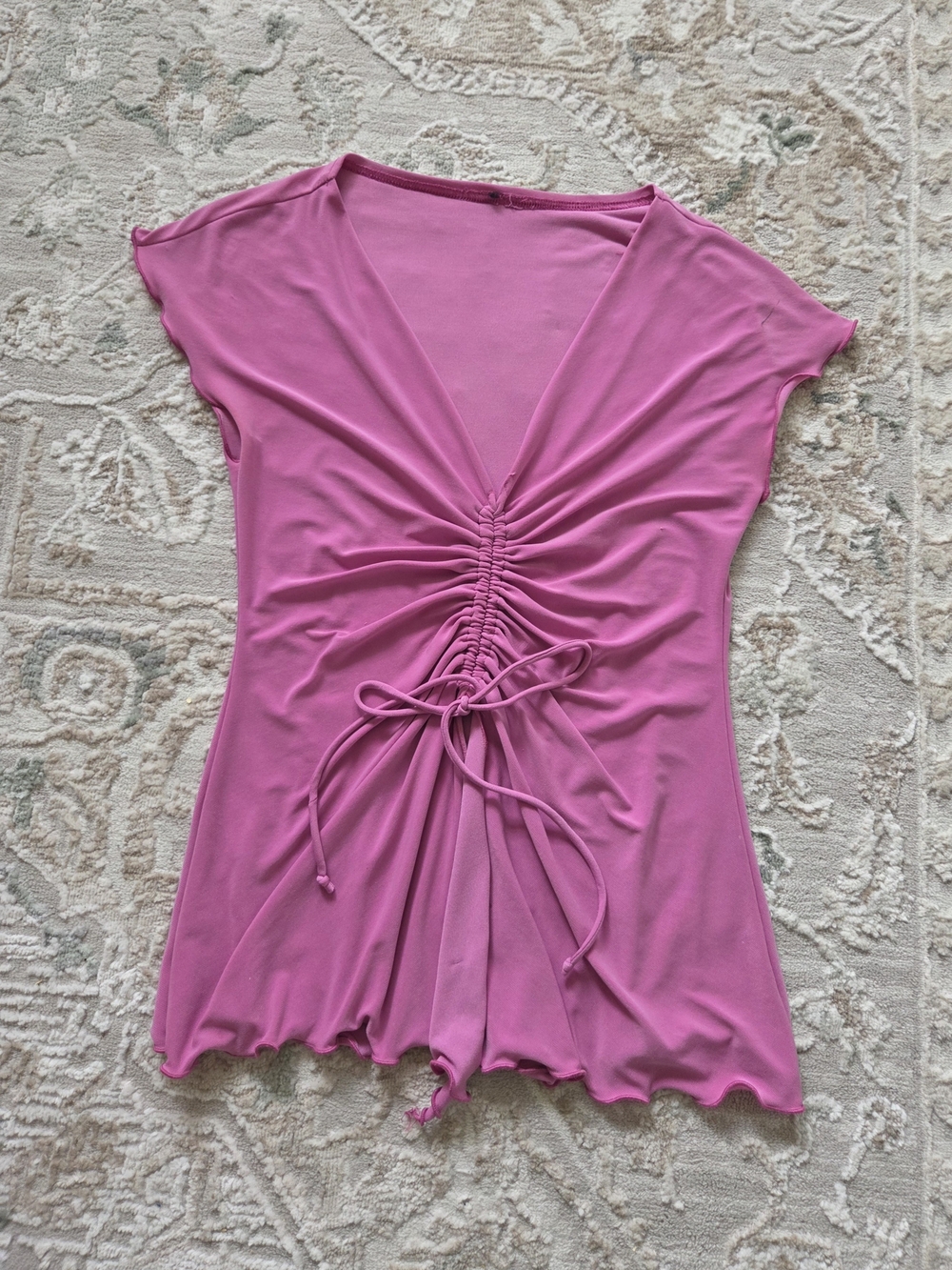 Ruched Tie-Front V-Neck Tunic Top in Pink